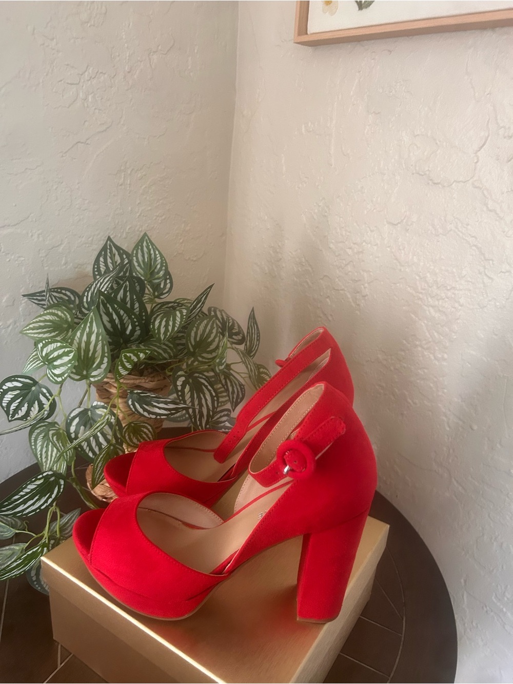Sun + Stone Red Peep-Toe Platform Heels with Ankle Strap size 7 1/2 W